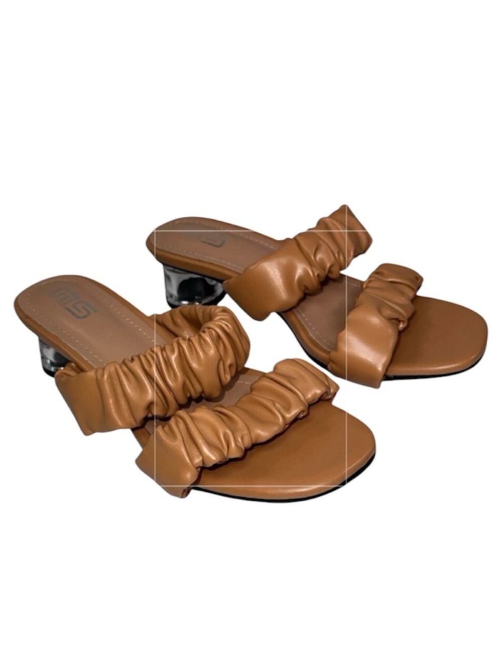 MG Tan Ruched Strap Slide Sandal Low Heel Square Toe Minimalist Size EU36 Size 6